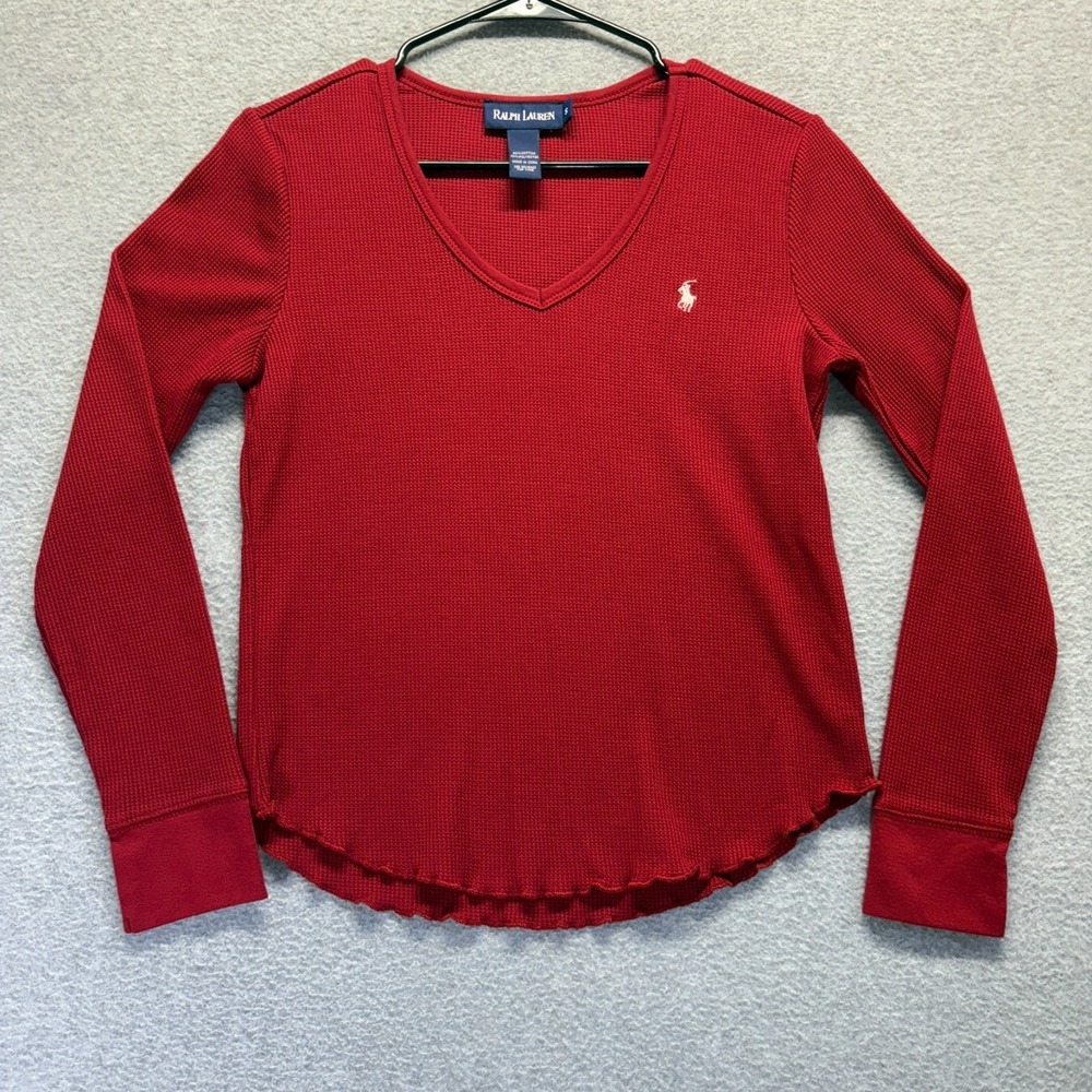 Ralph Lauren Pajama Shirt Womens Small Red Waffle Knit Long Sleeve Loungewear